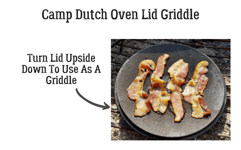camp dutch oven lid turned upside down and used as a griddle to cook bacon