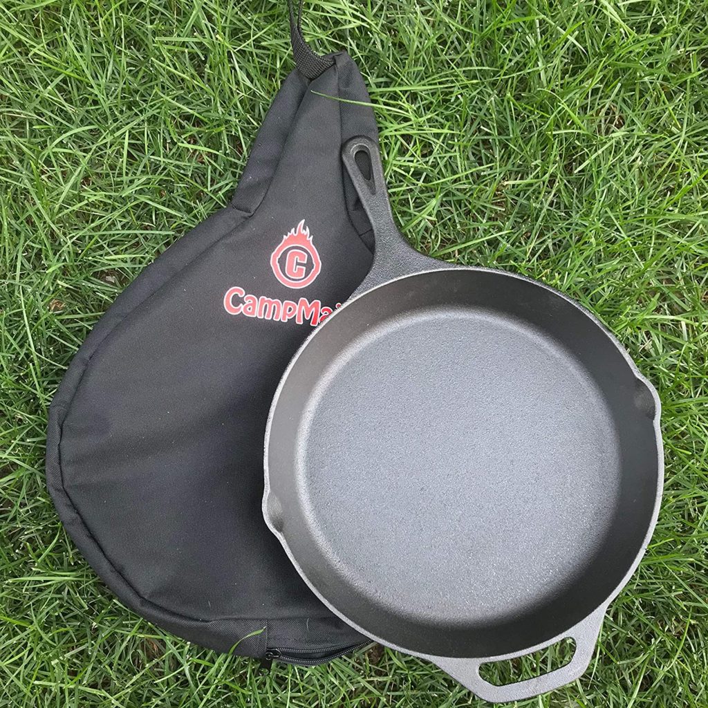 cast iron skillet tote bag used to pack cast iron cookware for camping