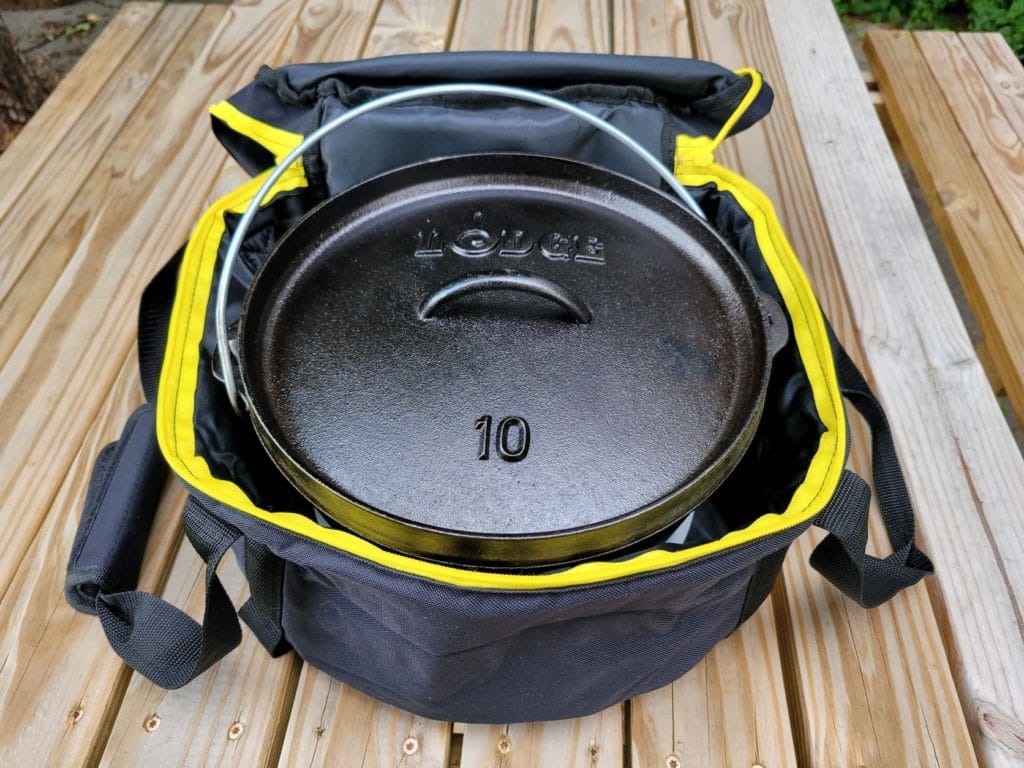 Dutch oven tote bag used to pack cast iron cookware for camping