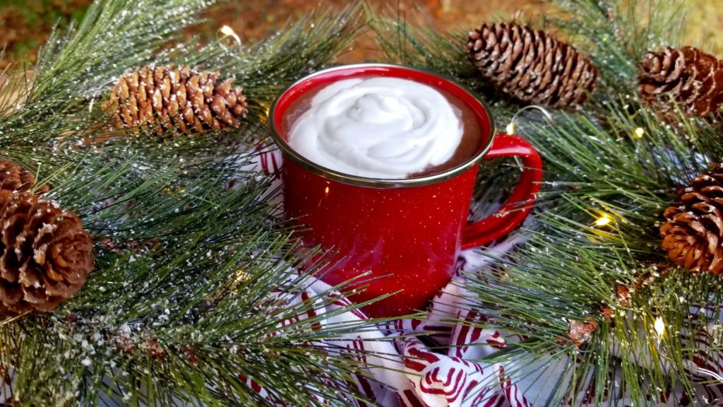 paleo hot chocolate topped with coconut whipped cream in a red mug