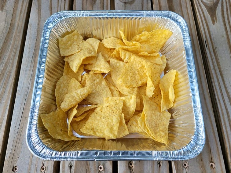 Tortilla chips in a foil pan
