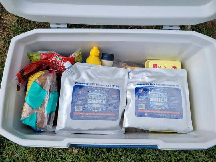 camping cooler packed with ice, food, and reusable ice packs. 