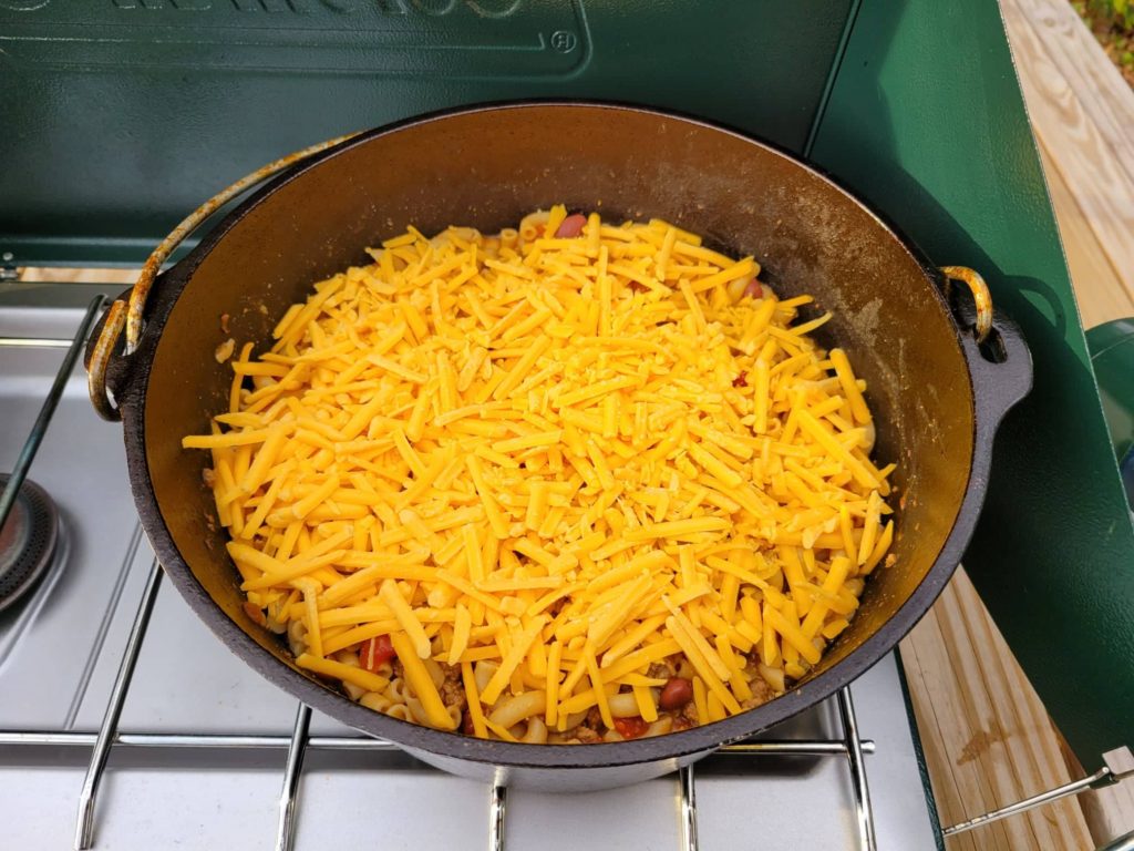 Camping chili mac topped with cheese 