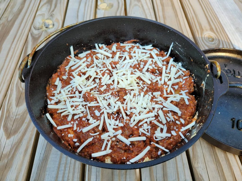 dutch oven lasagna assembled and ready to cook