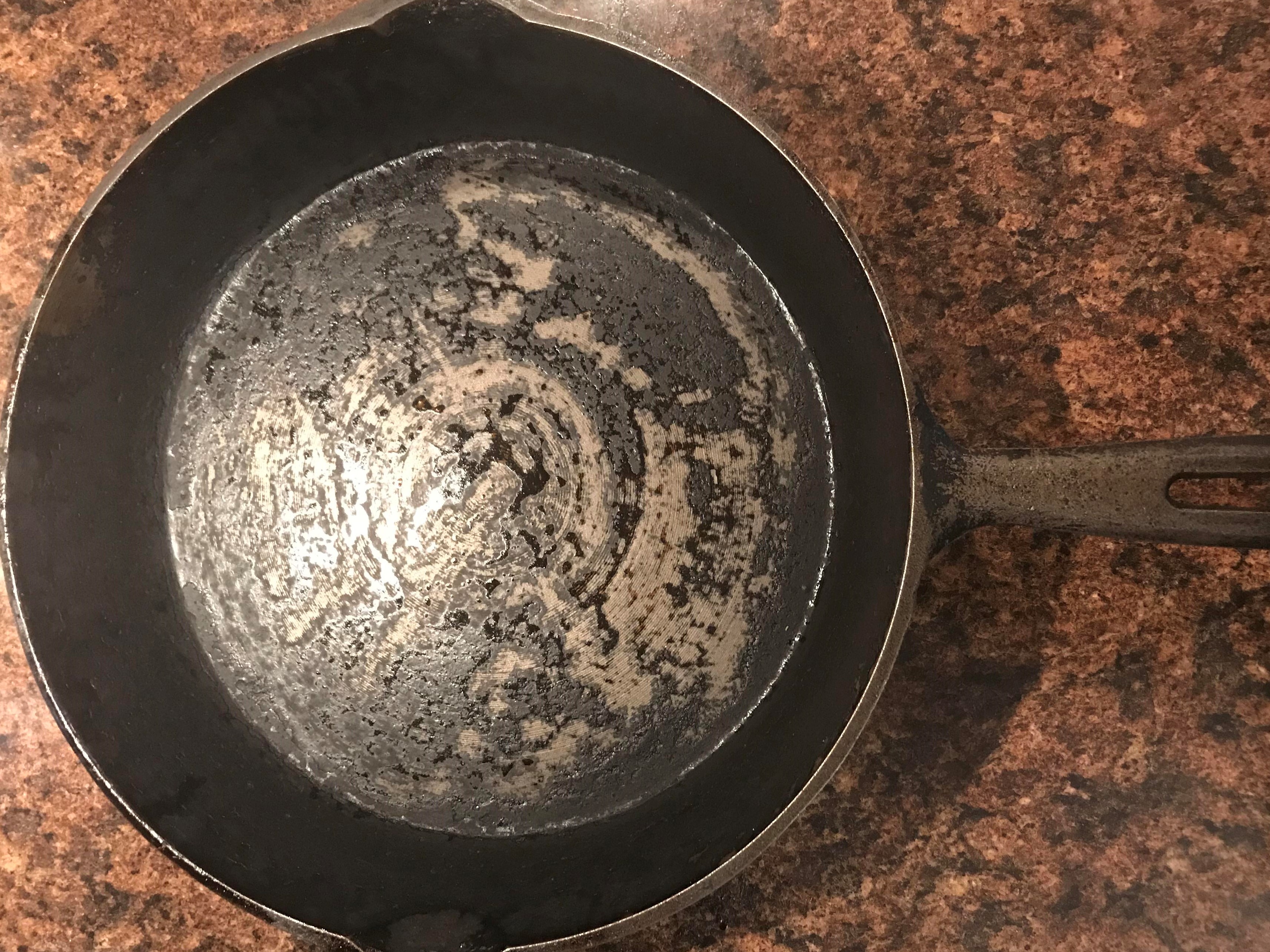 cast iron skillet #3 with uneven, splotchy seasoning