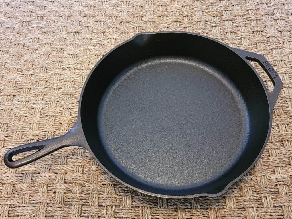 Dark black cast iron skillet after continued use