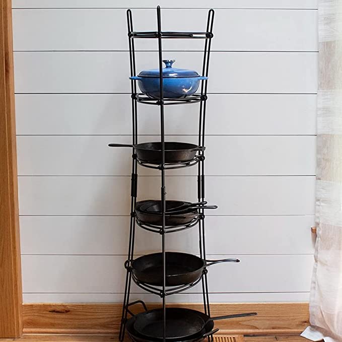 Lodge cast iron cookware storage tower with pans on each rack
