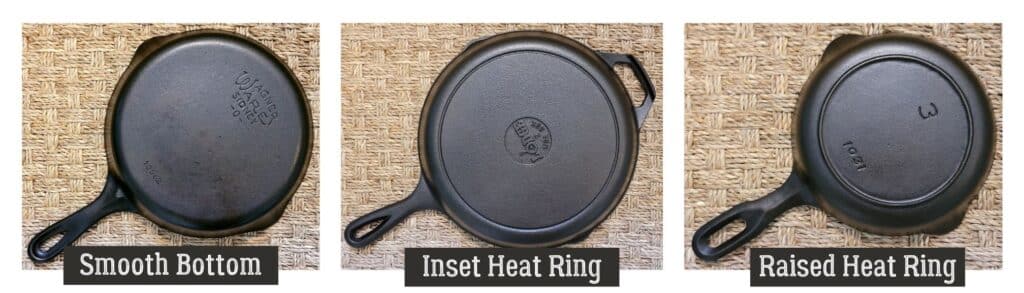 smooth, inset, and raised heat ring examples on cast iron skillets